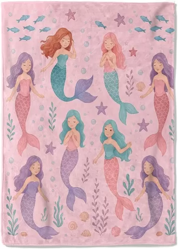 Cute Mermaid Fleece Blanket, 50x60in, Kawaii Mermaid Seashell Fish Sea Plant Pink Throw Blankets, Soft Cozy Lightweight, Ideal for Bed Living Room Home Ocean Lovers Decor, Kids Gifts
