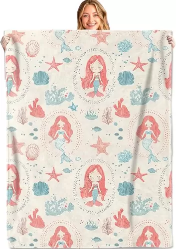 Cute Mermaid Throw Blanket, 50x60in, Soft, Lightweight Flannel, Red-Haired Mermaids Starfish Coral Blankets - Gifts for Kids Girls Women, for Couch Office Travel, Home Living Room Nautical Decor