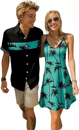 DRESSFO Couple Matching Hawaiian Outfits Palm Tree Print Vacation V Neck Dress or Men
