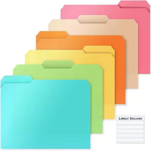 Dunwell Plastic Colored File Folders (6 Pack), 1/3 Tab File Folders for 8.5x11 Letter Size Documents, Assorted Light Colors, Acid-Free Poly, Includes Labels