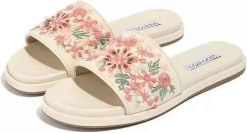 Embroidered Floral Slide Sandals for Women – Summer Slip On Flat Sandals, Comfort Open Toe Beach Shoes for Outdoor Casual Wear 2025