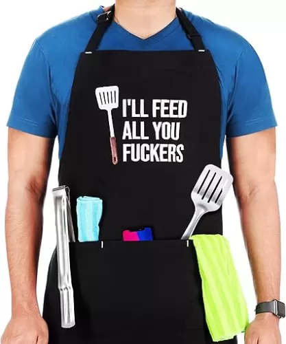 Embroidered Funny Aprons for Men-Ill feed all you apron-3 pockets-Birthday, Christmas and Cooking Gifts for Dad, Brother, Husband-BBQ Grilling Chef Apron for Men- Polycotton-Black
