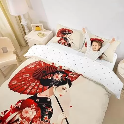 Erosebridal Japan Geishas Full Duvet Cover Sakura Kimono Comforter Cover Red Umbrella Girl Bedding Set Japanese Traditional Clothing Bed Set for Kids Teen Adults Room Decor