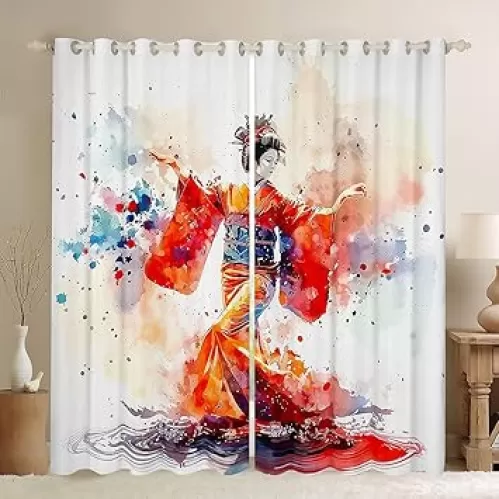 Erosebridal Japan Geishas Window Treatments Japanese Women Curtain 38" Wx54 L Japan Traditional Dancer Window Curtain Red Kimono Ink Tie Dye Curtains & Drapes for Kids Girls Teen Women Room Decor