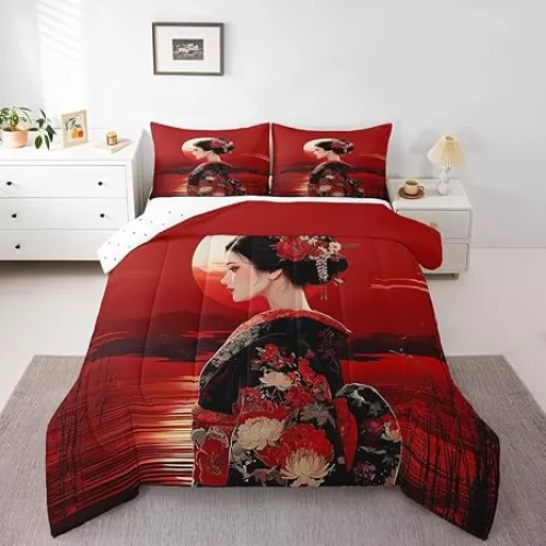 Erosebridal Japanese Geisha Comforter, Red Sun Lake Landscape Bedding Set King Size, Red & Black Kimono Quilt for Women Girls, Traditional Asian Style Duvet Insert Decor