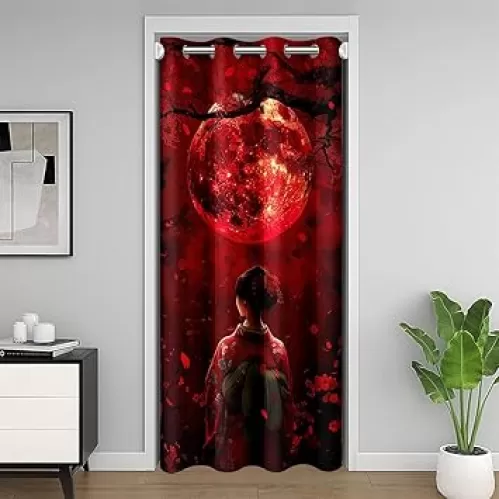 Erosebridal Japanese Style Window Treatment 42" W X 84" L Cherry Moon Door Curtains for Kids Girls Women Floral Kimono Aesthetic Red Door Drape Privacy 30%-50% Darkening Blackout Curtain