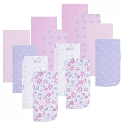 EVERYDAY KIDS 12 Pack Burp Cloths for Baby Girl - Paris, Flowers and Hearts