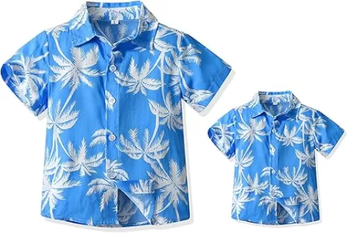 Father and Son Matching Hawaiian Shirt Summer Short Sleeve Family Beach Shirts Leaves Print Holiday Tops
