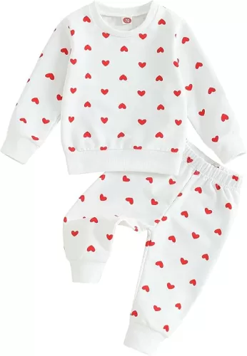 FIOMVA Baby Girl Clothes Long Sleeve Heart Print Sweatshirt Pullover Top+Long Pants Headband Set Valentine'sDay Outfits