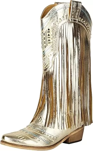 Fringe Cowboy Boots for Women Wide Calf Embroidered Tassal Cowgirl Boot Knee High Snip Toe Pull On Western Shoes