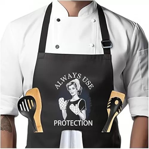 Funny Black Apron, Always Use Protection - Adjustable Neck & Waist Strap, 3 Pockets, Breathable - Humorous Kitchen Gifts for Men, Women, Husband, Wife, Boyfriend