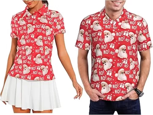 Funny Christmas Couple Golf Shirts, Matching Hawaiian Golf Shirt for Couple, Moisture Wicking Couple Polo Shirt for Men Women