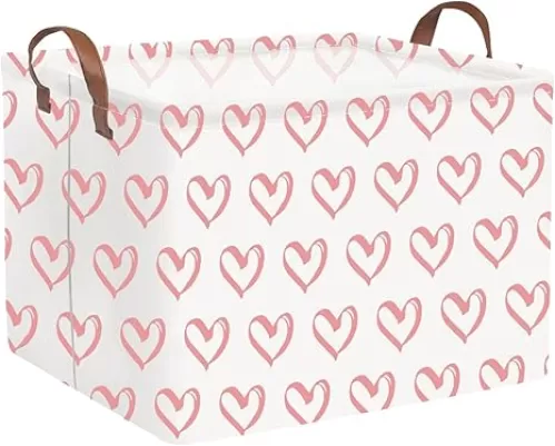 FXOLCSHE Rectangular Valentines Basket, baby Gift Basket Empty, Pink Gift basket with Handle Organizer, Heart Print easter Basket, Girl Room Decor, Gift basket, Shelf Basket(Pink hearts)