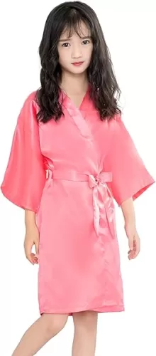 Girls Kid's Silky Satin Kimono Robes for Wedding Spa Birthday Party Gifts Solid Color Bathrobe
