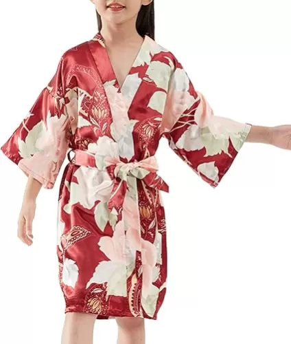 Girs Satin Robe Kids Floral Silk Kimono Robe Wedding Bridesmaid Robes Dressing Gown Girls' ?ightgowns & Sleep Shirts