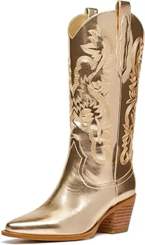 Glitter Wide Calf Metallic Embroidered Cowboy Boots For Women Sparkly Mid Calf Chunky Heel Pull on Pointy Toe Western Cowgirl Boots Fashion Vintage Short Booteis For Girl