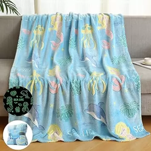 Glow in The Dark Blanket Mermaid Whale Gifts for Girls Boys, Soft Marine Life Blanket 3 4 5 6 7 8 9 10 Year Old Girl Gifts, Toddler Girls Toys Age 6-8, Gifts for Girls Birthday, 50"" x60, Blue