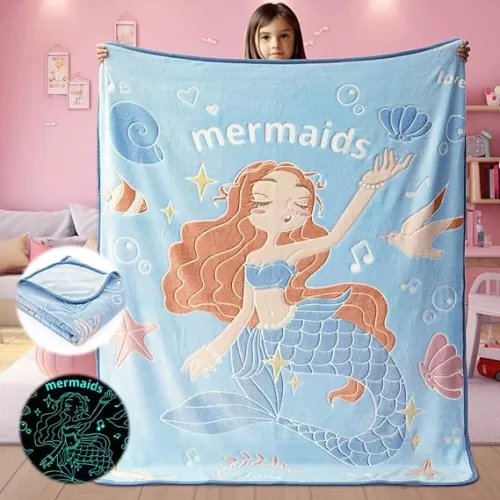 Glow in The Dark Mermaid Blanket Throw Gifts for Girls Kid Blankets Super Soft 3 4 5 6 7 8 9 Year Old Girl Gift Ideas Girls Toys Age 6-8 Mermaid Toys Birthday Gifts 50"x 60"