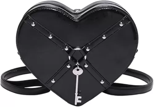 Gothic heart shaped backpack y2k chain decor Backpack lovely purse for women (Black)