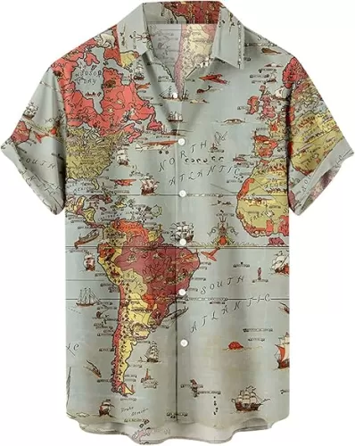 hhaappyy Shirt for Men Funky Casual Button Down Short Sleeve Unisex Beach Shirts Fashion World Map Print Summer Tops Yellow