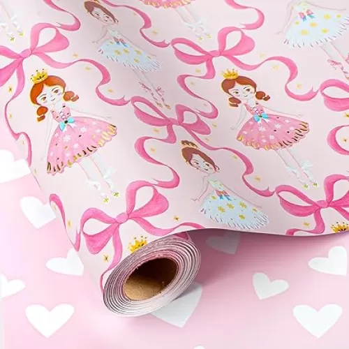 HOMERAL Reversible Pink Ballerina Wrapping Paper Roll - Ballet Princess with Bowknots & Heart Pattern Reverse, Pink Girl Gift Wrap for Birthday, Girls Baby Shower, Bridal Shower, Party - Mini Roll - 17 Inch x 33 Feet