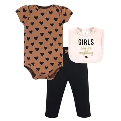 Hudson Baby Unisex Baby Cotton Bodysuit, Pant and Bib Set, Cinnamon Hearts, Newborn