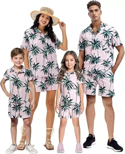 IFFEI Family Matching Outfits Short Sleeve Button Down Hawaiian Shirt and Short Sets for Men Women Kids with Pockets