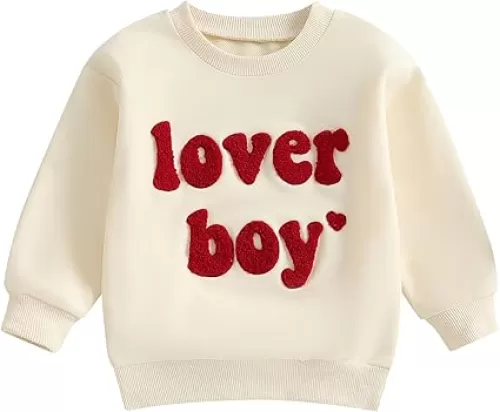 Infant Toddler Baby Boy Valentines Outfit Heart Embroidery Sweatshirt Crewneck Long Sleeve Shirts Top Pullovers