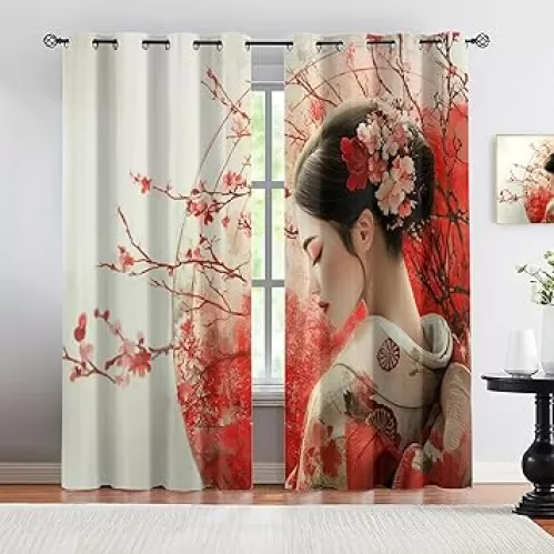 Japanese Geisha Blackout Curtains - Kimono Girl Pattern Drapes 39 Inches Long, Red Flower Window Curtains for Bedroom Living Room - Oriental Decor, 2 Panels