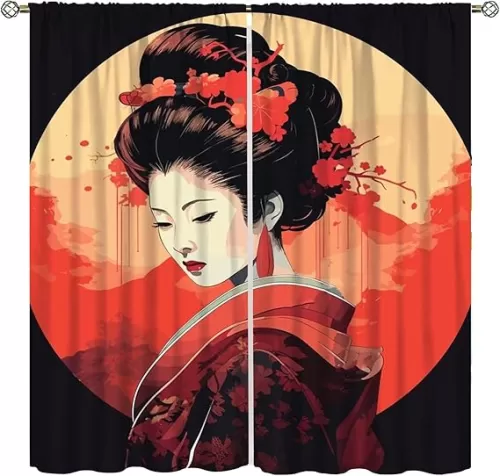 Japanese Style Curtains Red Geisha Girl with Cherry Blossoms Traditional Kimono Folk Culture Style, Rod Pocket Drapes for Living Room Bedroom Kitchen 42x45 Inch Decor