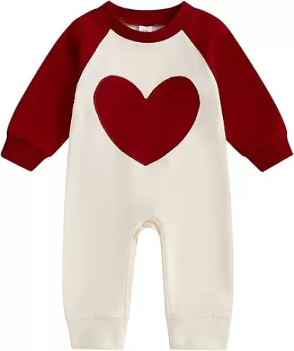 Karuedoo Newborn Baby Boy Girl Valentines Outfit Heart Embroidery Long Sleeve Romper Jumpsuit Bodysuit One-Piece Outfit