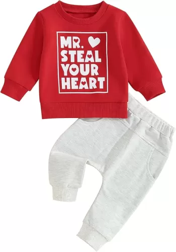 Karuedoo Toddler Baby Boy Valentines Outfit Letter Print Crewneck Long Sleeve Pullover Sweatshirt and Jogger Pants Set