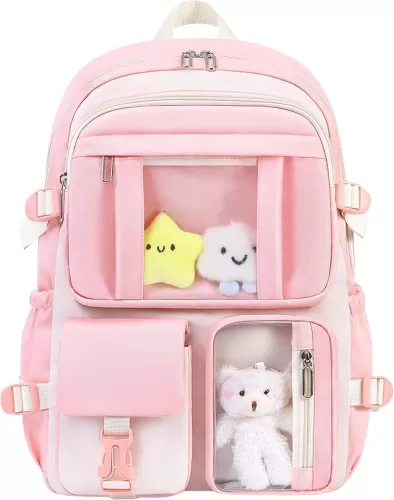 Kawaii Backpack for School Girls Cute Bag with Kawaii Stuff Bear Pendant Backpack Aesthetic for Kids (Pink)