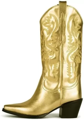 keleimusi Women's Embroidered Metallic Cowboy Boots Western Wide Calf Cowgirl Boots Pull-On Pointed Toe Mid Heel Retro Fashion Boots