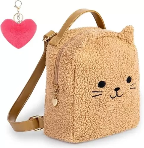 Kids Backpack Cat Mini Backpack for toddler Terry Kitten Kitty Sherpa Kitten with Fluffy Heart Keychain for Daycare Soft Backpack, Light Brown