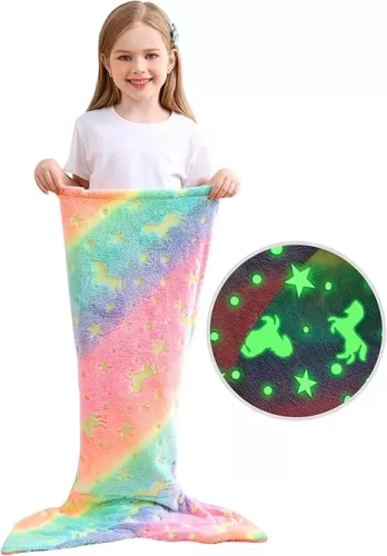 Kids Mermaid Tail Blanket, Glow in The Dark Unicorn and Mermaid Gifts for Girls, Soft Flannel Fleece Toddler Blanket with Rainbow Ombre Fish Scale Design - 17" x 39"