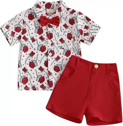 Kids Toddler Baby Boy Valentines Outfit Love Heart Short Sleeve Gentleman Button Shirt Bib Shorts Valentine Clothes