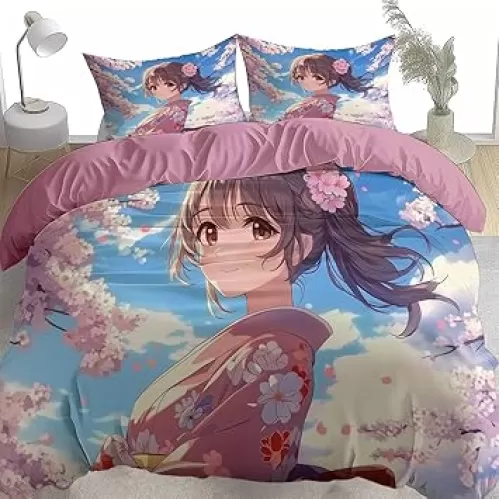 Kimono Girl Duvet Cover Set 3 Pieces King, 1 Comforter Cover 102 X 91 Inches and 2 Pillowcases for Kids & Adults, Brushed Microfiber Bedding Set Comfy and Breathable, Light Red
