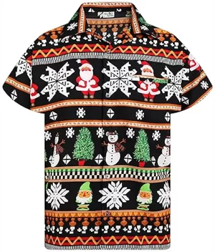 KING KAMEHA Men Christmas Santa-Claus Office-Party Short-Sleeve Button-Down Shirts