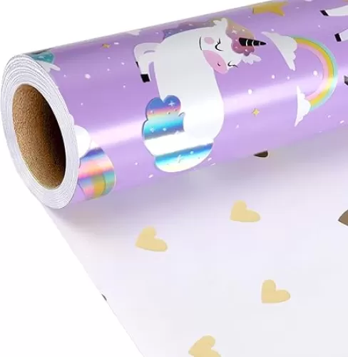 LaRibbons Reversible Unicorn Wrapping Paper with Foil Design, 17 Inch x 33 Feet - Purple Unicorn Gift Wrap with Gold Hearts for Girls Birthday, Baby Shower, Kids Party