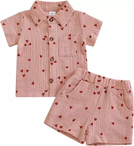Lesimsam Toddler Baby Boy Valentines Outfit Heart Print Cotton Linen Button Down Short Sleeve Shirts Top and Shorts Set