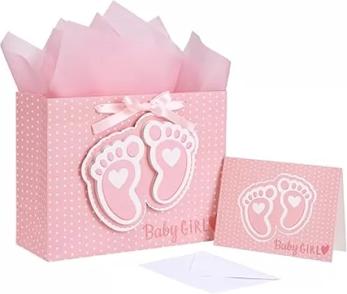 LeZakaa 13" Pink Gift Bags with Tissue Paper, Gift Card, Foot Print & Baby Girl Lettering Design for Baby Shower, Little One, 1st Baby Girls