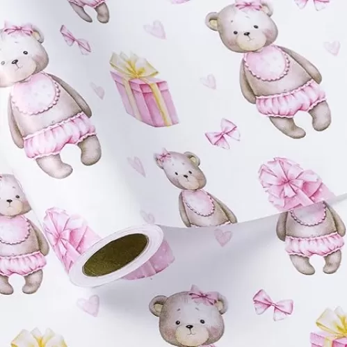 LeZakaa Baby Bear Wrapping Paper Roll for Girls, Pink Teddy Bear, Gift Box, Bows & Hearts Design for Baby Girls Birthday, Baby Shower, Mini Roll, 17 inches x 32.8 Feet (46.45 sq.ft.)