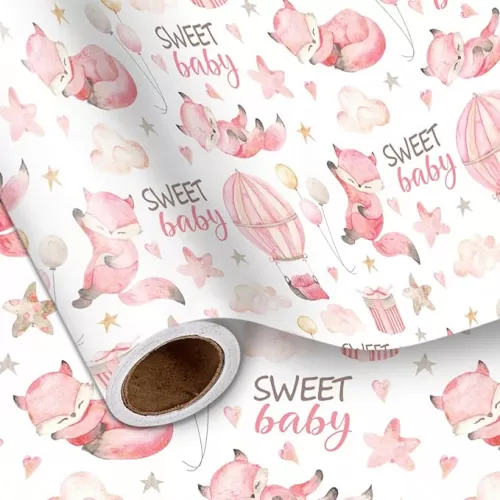 LeZakaa Pink Fox Wrapping Paper Roll for Kids Girls, Sweet Baby Fox with Clouds Stars Balloons Hearts Gift Wrap for 1st Baby Girl Birthday, Baby Shower, Newborn Party Gift, 17 In x 16.4 Ft
