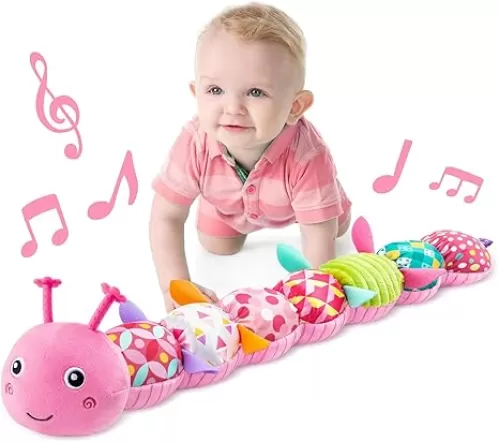 LIGHTDESIRE Baby Toys Musical Caterpillar, Infant Stuffed Animal Toy with Crinkle and Rattles, Soft Sensory Toys with Textures for Tummy Time Newborn Boys Girls 0 3 6 12 Months(Pink)