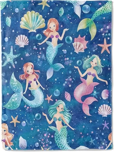 Magical Mermaid Flannel Blanket - Colorful Seashells Sea Life Blue Throw, Whimsical Gifts for Kids Girls, Ultra Soft & Warm, Lightweight, for Couch, Bedroom, Living Room Decor & Travel 50x60in