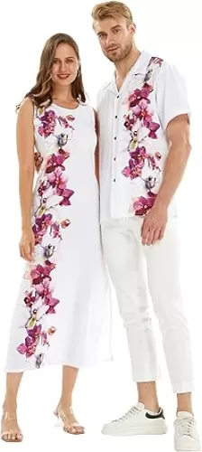Matchable Couple Hawaiian Luau Men Shirt or Women Maxi Tank Dress in Watercolor Orchid