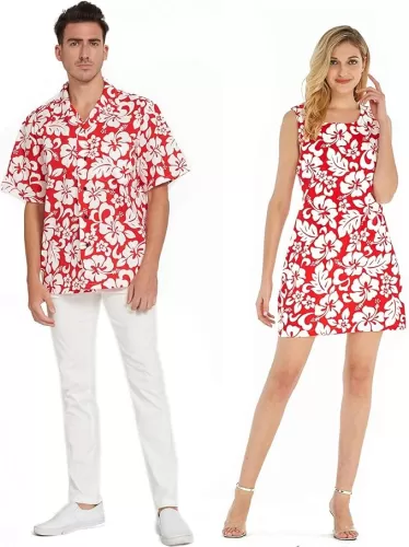 Matchable Couple Hawaiian Luau Men Shirt or Women Tank Dress in Classic Vintage Hibiscus