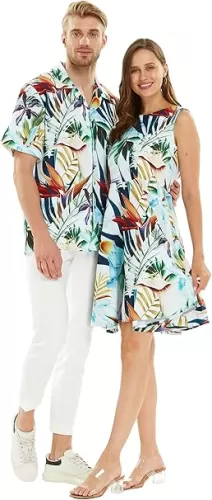 Matchable Couple Hawaiian Luau Men Shirt or Women Vintage Fit and Flare Dress in Lost in Paradise