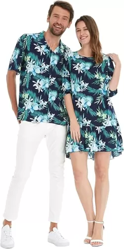 Matchable Couple Hawaiian Luau Shirt or 3/4 Sleeve Ruffle Dress in Orchid Breeze